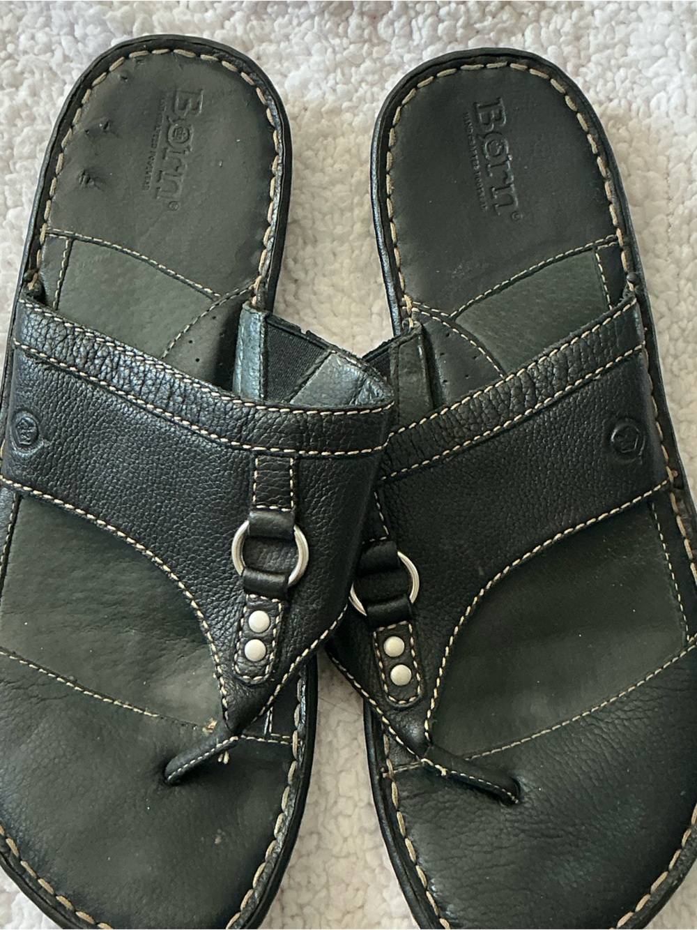 Born Black Leather Toe-Post Sandals with Metal Ring Detail
